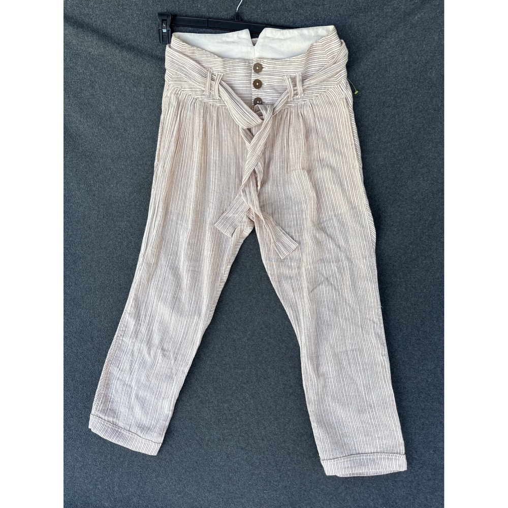 Free People Striped Cotton High Waist Tie Belt Pants OB799935 Cream Red Size 6